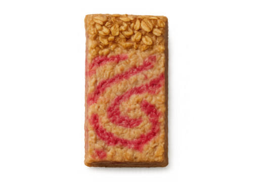 Granola bar presenting a top layer of oats and a red strawberry jam spiral, a delicious and healthy cereal snack