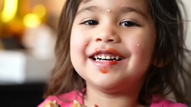 Happy toddler eating burger with closeup.