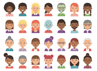 A set of cheerful children's head portraits featuring cute smiling avatars of preschool and school-aged boys and girls from diverse backgrounds, rendered as flat vector illustrations on a white