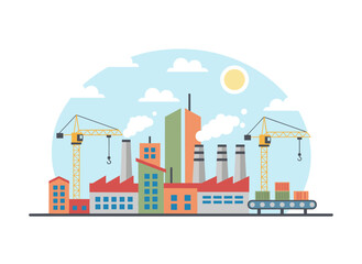 Obraz premium A flat, colorful vector illustration of an industrial zone featuring factories, manufacturing plants, power stations, warehouses, and cooling towers set against city buildings, suitable for a banner
