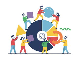 Naklejka premium Illustration of a flat vector background featuring abstract people and geometric shapes, depicting the concept of coworking, business partnership, analytics, or teamwork, where colleagues collaborate