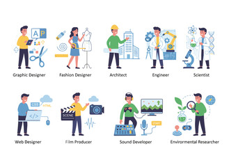 Various designers work at laptops and desks, creating graphic, fashion, interior, landscape, 3D, and UI/UX designs, while flat vector illustrations are isolated on a white background