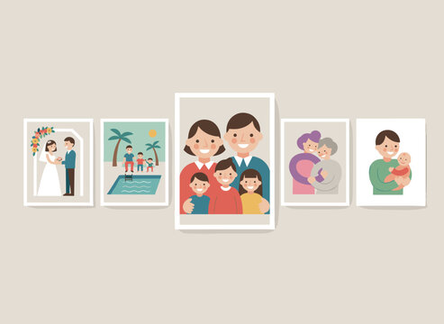 A collection of framed family portrait photographs capturing joyful parents and children during significant life moments, depicted as colored flat vector illustrations of photos or snapshots