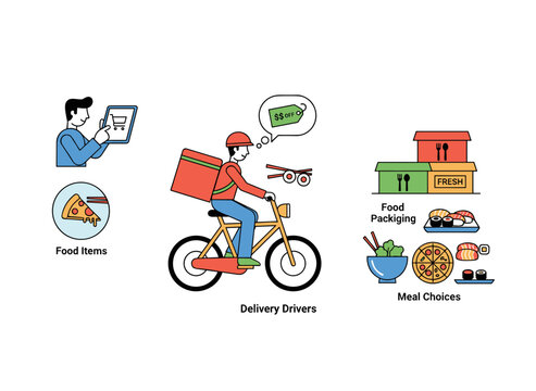 Illustrated scenes depicting a takeaway food delivery service, featuring a mobile app for online orders, pizza delivery personnel on scooters and bicycles, rendered as a flat vector cartoon on a