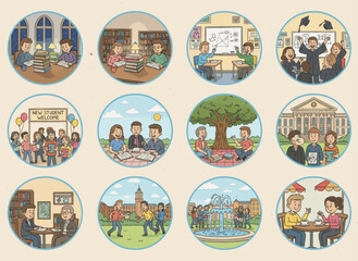 Fototapeta premium A set depicting university students' lives, showing learners studying, communicating, and attending libraries, classrooms, lectures, and exams, rendered as flat vector illustrations on a white