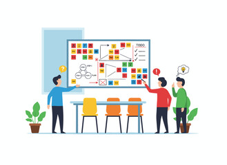 Fototapeta premium A magnetic whiteboard featuring a table, notes attached with magnets, and hands holding a pen and pencil; ideal for daily planning, scheduling, and timetables, depicted in a colorful flat vector