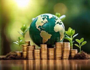 a symbolic image of sustainability and financial growth featuring a small globe surrounded by stacks of golden coins with green seedlings sprouting from them and blurred green background