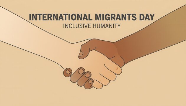 A diverse handshake celebrating international migrants day. Vector illustration promoting inclusive humanity, unity, and racial equality