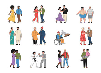 Naklejka premium A flat cartoon vector illustration featuring a group of teenage couples holding hands and walking together on a white background, showcasing men and women in love