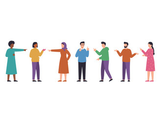 Obraz premium Joyful individuals point at something with their fingers, demonstrating and presenting a product through hand gestures, while presenters showcase items using devices, all depicted in flat vector