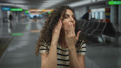 Woman with curly hair touching cheek in busy airport terminal; anticipation waiting uncertainty concern.