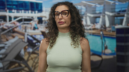 Woman with bare shoulders wearing glasses stands by pool with turquoise water and deck chairs in building; serenity.