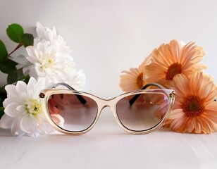 trendy sunglasses in plastic frame on white background with flowers sunglasses special offer summer sale discount optic shop promotion banner eyewear fashion minimalism copy space