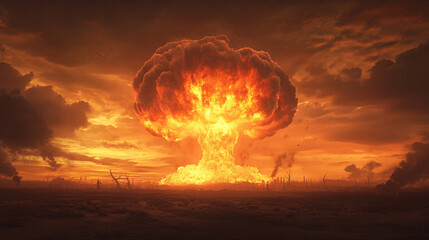 Night, with a big explosion similar to a nuclear one, and people in the foreground.