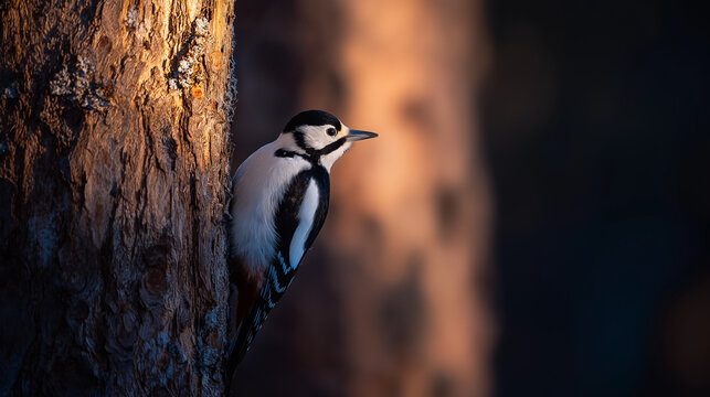woodpecker. Woodpecker perched on tree trunk captured mid-peck in morning forest light. wildlife magazines, conservation campaigns, designed for eco-tourism storytelling.