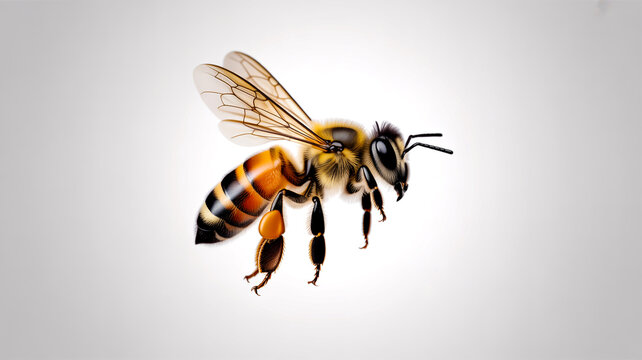 High-resolution close-up of honey bee, detailed, isolated on white background