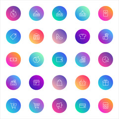 Shopping, retail, commerce. Vector set of 25 round gradient icons featuring store signs, fashion, payment, discounts, delivery, and marketing tools for UI and e-commerce design.