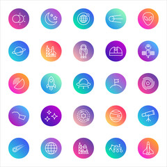 Space, astronomy, exploration. Vector set of 25 round gradient icons featuring rockets, planets, astronauts, telescopes, satellites, galaxies, and cosmic elements for UI and science design.