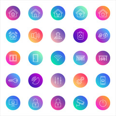 Smart home, technology, IoT. Vector set of 25 round gradient icons featuring security, connectivity, automation, energy, audio, and control functions for modern UI and app design.