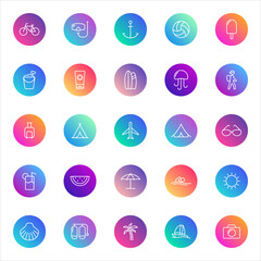 Summer, beach, vacation. Vector set of 25 round gradient icons featuring travel, sea, sports, drinks, food, and leisure activities for holiday, tourism, and lifestyle design.