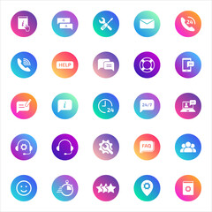 Customer service, communication, support. Vector set of 25 round gradient icons featuring help, chat, FAQ, service, tools, and feedback for UI, apps, and business design.