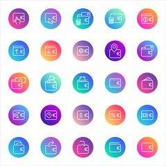 Finance, wallet, money. Vector set of 25 round gradient icons featuring wallets, credit cards, shopping, currency, transactions, and financial tools for apps, banking, and e-commerce design.