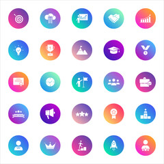 Business, achievement, productivity. Vector set of 25 round gradient icons featuring goals, success, teamwork, leadership, innovation, and recognition for UI, apps, and presentations.