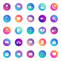 Love, romance, relationships. Vector set of 25 round gradient icons featuring hearts, gifts, rings, roses, balloons, and romantic symbols for Valentine Day, dating, and celebration design.