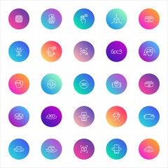 Virtual reality, augmented reality, 360. Vector set of 25 round gradient icons featuring VR headsets, AR interfaces, 360 views, cameras, and immersive technology for apps and digital design.
