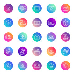 Business, digital, productivity. Vector set of 25 round gradient icons featuring remote work, finance, technology, communication, and online services for apps, UI, and presentations.