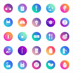 Eco, sustainability, green living. Vector set of 25 round gradient icons featuring recycling, energy saving, eco shopping, water conservation, and nature care for environmental design.