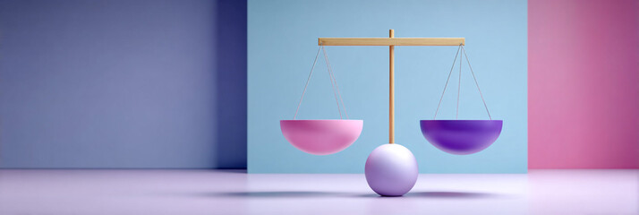 Colorful balance scale with pink and purple bowls, set against a minimalist background of soft pastel colors, symbolizing equality and justice in a modern design context