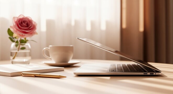 A minimalist office setup with a laptop, coffee cup, notebook, and a pink rose in a vase — a serene Valentine’s Day moment in a professional space.