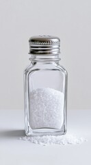 Clear glass salt shaker with a metal lid, filled with white salt crystals