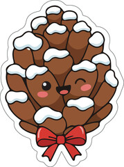 Kawaii Pine Cone Vector with Festive Christmas Bow