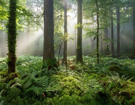 a tranquil scene showcasing a lush forest surrounded by gentle mist with varied greenery and soft light filtering through the trees
