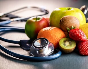 fresh fruits and health care objects stethoscope healthy eating and exercising concept