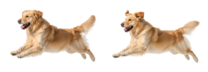 Two energetic Golden Retriever dogs jumping with joy, showcasing their beautiful golden fur and playful spirit, isolated on transparent background.