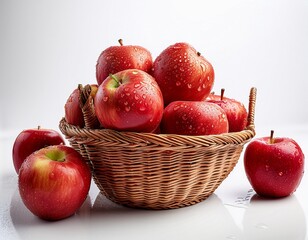 fresh red apples covered with water droplets in a woven wicker basket juicy fruit still life on white surface