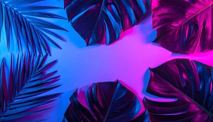 Creative fluorescent color layout made of tropical leaves with neon triangle. Flat lay neon colors. Nature concept.