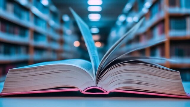 An open book with pages fanned out rests on a surface, with library shelves in the background