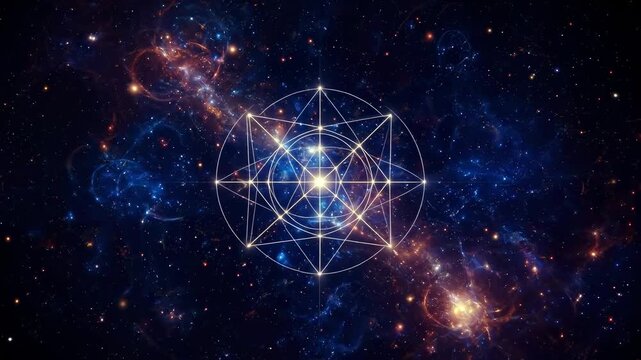 Geometric Cosmic Design: Radiant Stars Within a Sacred Geometric Pattern Set Against the Depths of Outer Space, Illustrating the Harmony of Nature and the Universe