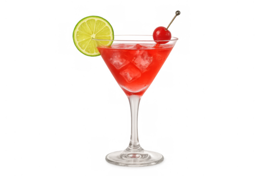 Refreshing cosmopolitan cocktail with red drink, ice, lime slice, and cherry garnish, transparent background