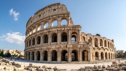 Fototapeta premium Colosseum Ancient Amphitheater Under Clear Blue Sky, Travel Tourism