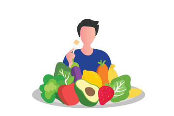 man with healthy eating. Girl with bowl of natural and organic products vector illustration. Healthy food concept. 