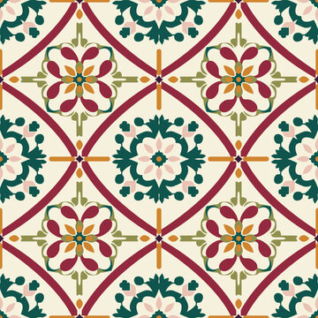 seamless repeating pattern inspired by vintage encaustic cement or hydraulic tiles. Features a stylized floral and geometric. Great for floor, wall decor, textile, and packaging.