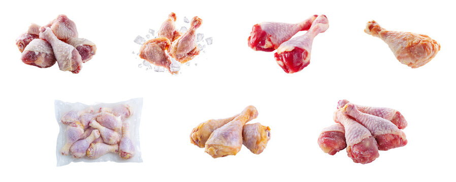 Frozen raw chicken drumsticks isolated.