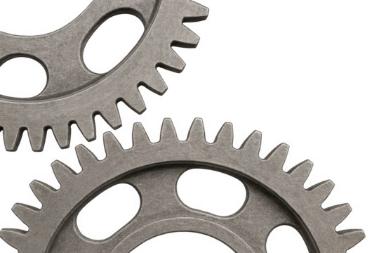 Metal gears meshing representing teamwork and progress on transparent background