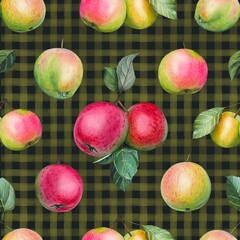 Hand drawn seamless pattern with ripe apples and leaves, checkered. Watercolor illustration.