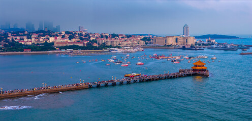 Aerial view of Zhanqiao Scenic Area in Qingdao, China